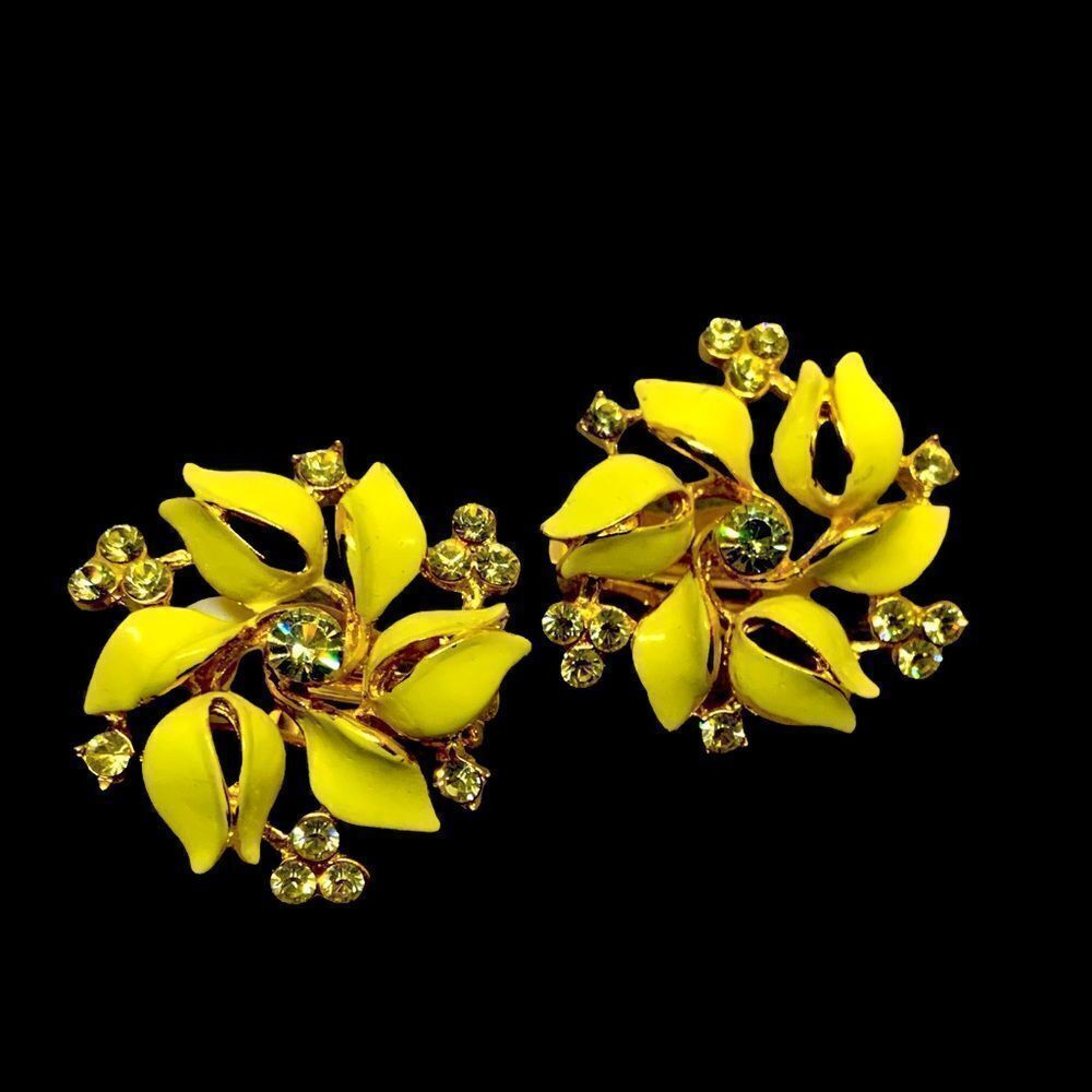 1950’s yellow enamel yellow crystal clip back earrings new old stock 1.25”